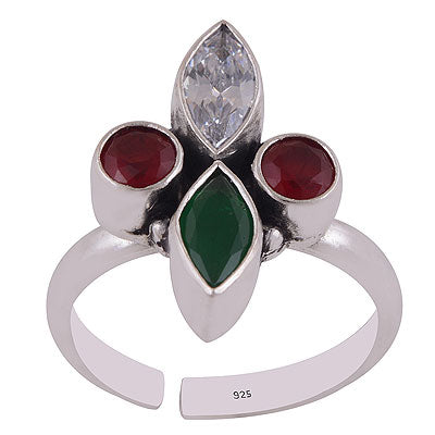 Stunning Rawa Work Around Green Corundum,Red Corundum,White Cubic Zirconia Marquise & Round Shape 925 Sterling Solid Silver Toe Rings - R9400157-3