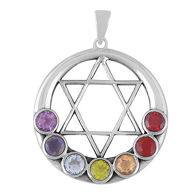 Beautiful Chakra Gemstones Around Star Amethyst,Iolite,Blue Topaz,Peridot,Citrine,Carnelian,Garnet Round Shape 925 Sterling Solid Silver Pendant - R9700045-1