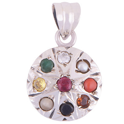 Beautiful Navratna Gemstones Around Ruby, Pearl, Corel, Emerald, Cubic Zirconia, Sapphire, Cats Eye, Hessonite, Yellow Sapphire Round Shape 925 Sterling Solid Silver Pendant - R9800000-1