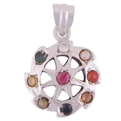 Beautiful Navratna Gemstones Around Ruby, Pearl, Corel, Emerald, Cubic Zirconia, Sapphire, Cats Eye, Hessonite, Yellow Sapphire Round Shape 925 Sterling Solid Silver Pendant - R9800020-1