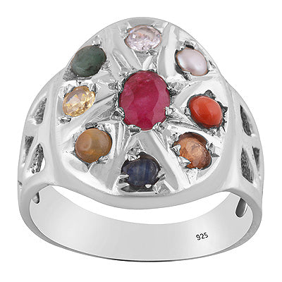 Stunning Gemstones Studded Around Ruby, Pearl, Corel, Emerald, Cubic Zirconia, Sapphire, Cats Eye, Hessonite, Yellow Sapphire Oval,Round Shape 925 Sterling Solid Silver Ring - R9900010-3