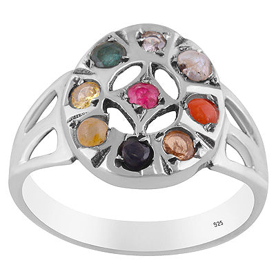 Beautiful Navratna Gemstone Ruby, Pearl, Corel, Emerald, Cubic Zirconia, Sapphire, Cats Eye, Hessonite, Yellow Sapphire Round Shape 925 Sterling Solid Silver Ring - R9900014-1