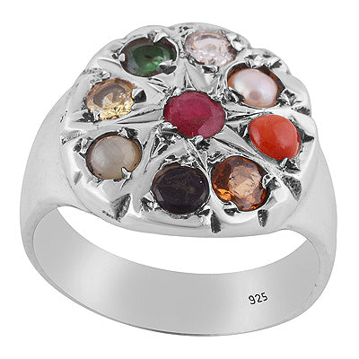 Beautiful Gemstones On Ruby, Pearl, Corel, Emerald, Cubic Zirconia, Sapphire, Cats Eye, Hessonite, Yellow Sapphire Round Shape 925 Sterling Solid Silver Ring - R9900019-1