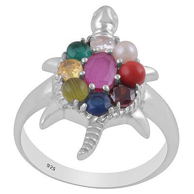 Gorgeous Turtle Studded w/ Navratna Gemstones Ruby, Pearl, Corel, Emerald, Cubic Zirconia, Sapphire, Cats Eye, Hessonite, Yellow Sapphire Oval,Round Shape 925 Sterling Solid Silver Ring - R9900054-1