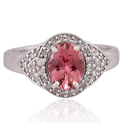 Natural Pink Tourmaline Stunning Loaded w/ Diamond Around Oval Shape 925 Sterling Solid Silver Ring - RE310052-1