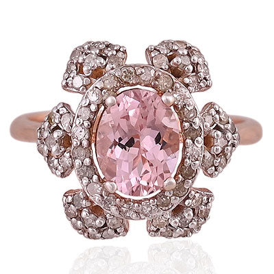 Natural Morganite Stunning Diamond Studded Pattern Around Oval Shape 925 Sterling Solid Silver Ring - main product photo (RE310075-1)