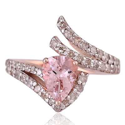 Natural Morganite Beautifully Designed Shank Diamond Studded Pear Shape 925 Sterling Solid Silver Ring - RE310077-1