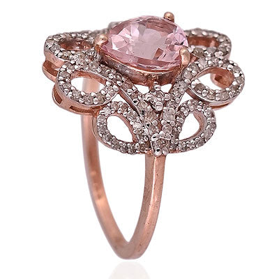 Natural Morganite Alluring Diamond Studded Petals Around Pear Shape 925 Sterling Solid Silver Ring - RE310079-1