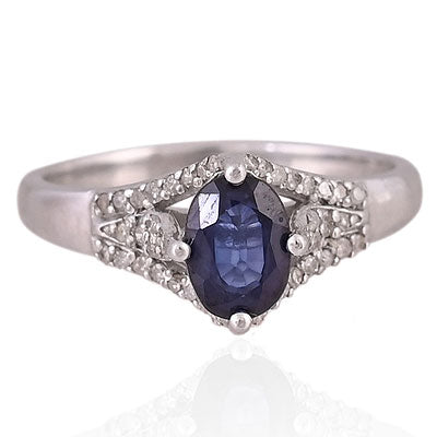 Natural Blue Sapphire Beautiful Diamond Seated Around Oval Shape 925 Sterling Solid Silver Ring - RE310090-1
