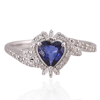 Natural Blue Sapphire Beautiful Baguette Diamonds Around Heart Shape 925 Sterling Solid Silver Ring - RE310096-1