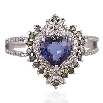 Natural Blue Sapphire Magnificent Diamond & Gemstone Crown Around Heart Shape 925 Sterling Solid Silver Ring - RE310097-1