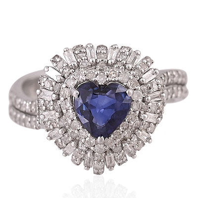 Natural Blue Sapphire Stunning Two-shaped Diamond Setting Around Heart Shape 925 Sterling Solid Silver Ring - RE310098-1