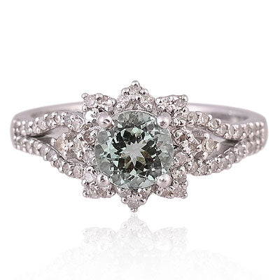 Natural Green Tourmaline Gorgeous Diamond Studded Flower Petals Around Round Shape 925 Sterling Solid Silver Ring - RE310103-1