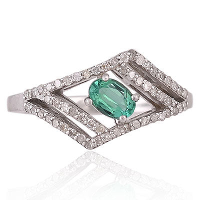 Natural Emerald Beautiful Diamond Studded Around Oval Shape 925 Sterling Solid Silver Ring - RE310107-1