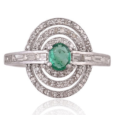 Natural Emerald Gorgeous Baguette Diamond Around Oval Shape 925 Sterling Solid Silver Ring - RE310108-1