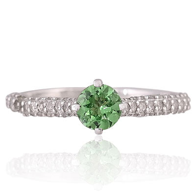 Natural Tsavorite Beautifully Diamond Studded Shank Round Shape 925 Sterling Solid Silver Ring - RE310117-1