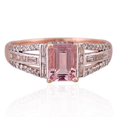 Natural Morganite Gorgeous Diamonds Seated Around Octagon Shape 925 Sterling Solid Silver Ring - RE310144-1