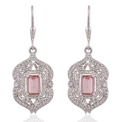Natural Pink Tourmaline Stunning Diamond Studded Pattern Around Octagon Shape 925 Sterling Solid Silver Dangle Earrings - RE320020-1