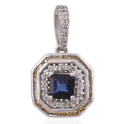 Natural Blue Sapphire Stunning Baguette Diamond & Gemstone Around Octagon Shape 925 Sterling Solid Silver Pendant - RE330032-1