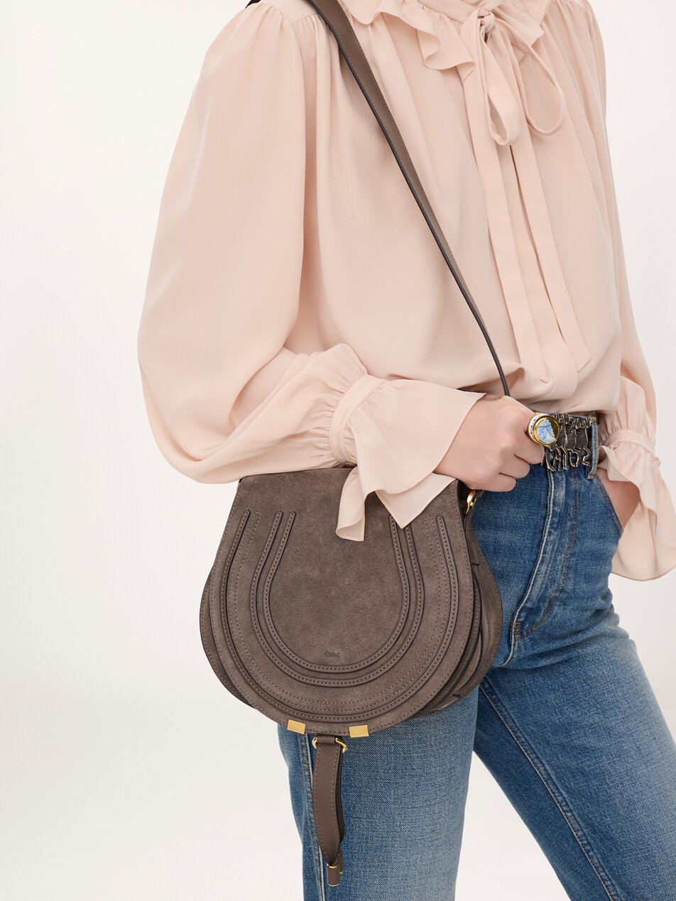 CHLOE Marcie saddle bag in suede leather Nickel Grey by CHLOE