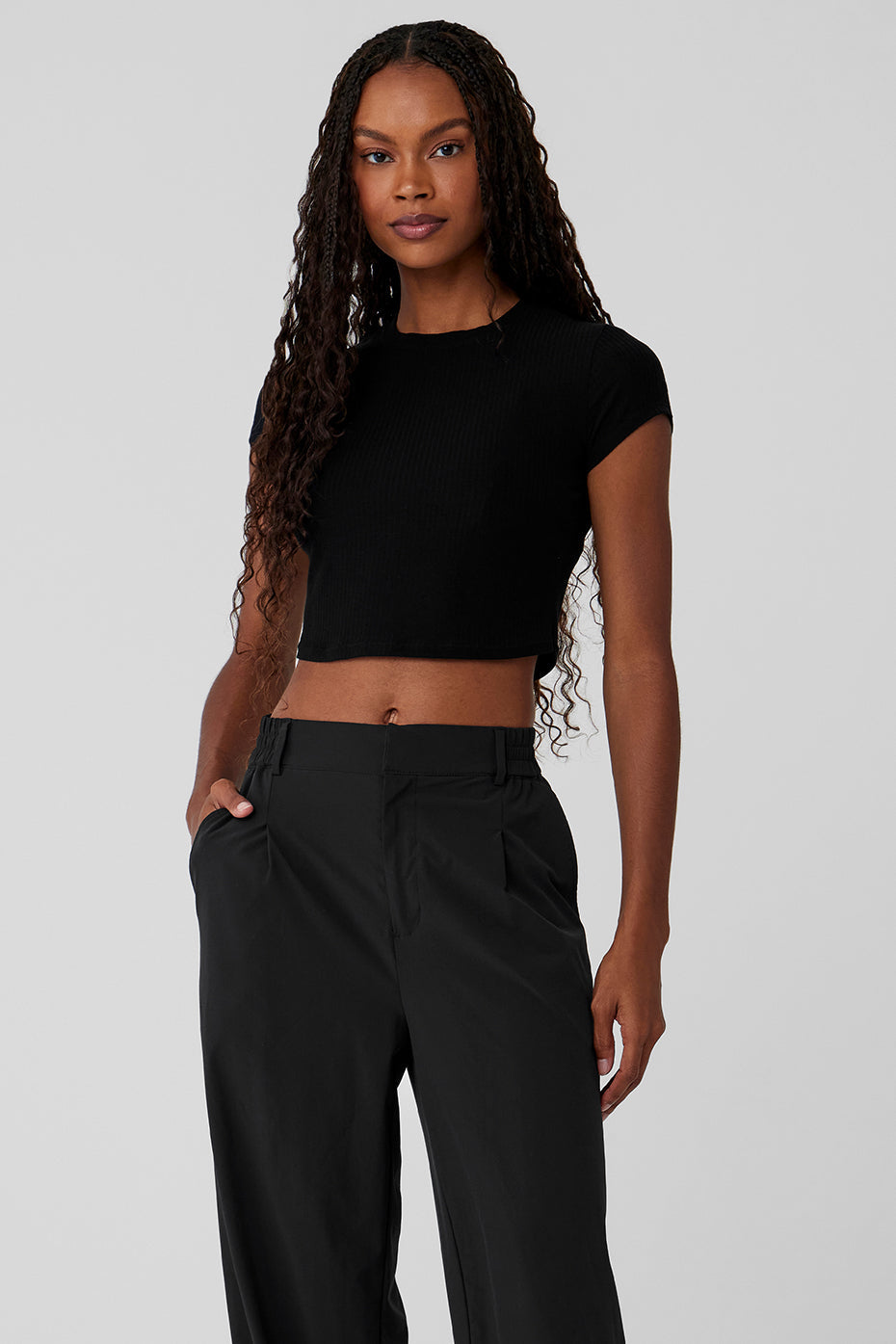 Ribbed Sea Coast Cropped Short Sleeve Tee - Black (W1445R)
