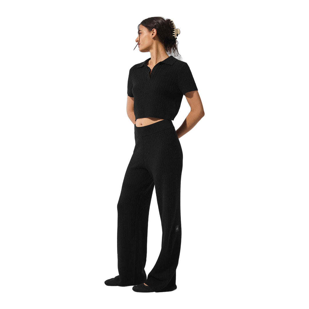 alo Cashmere Plush Waffle Polo Tee - Black by Alo Yoga