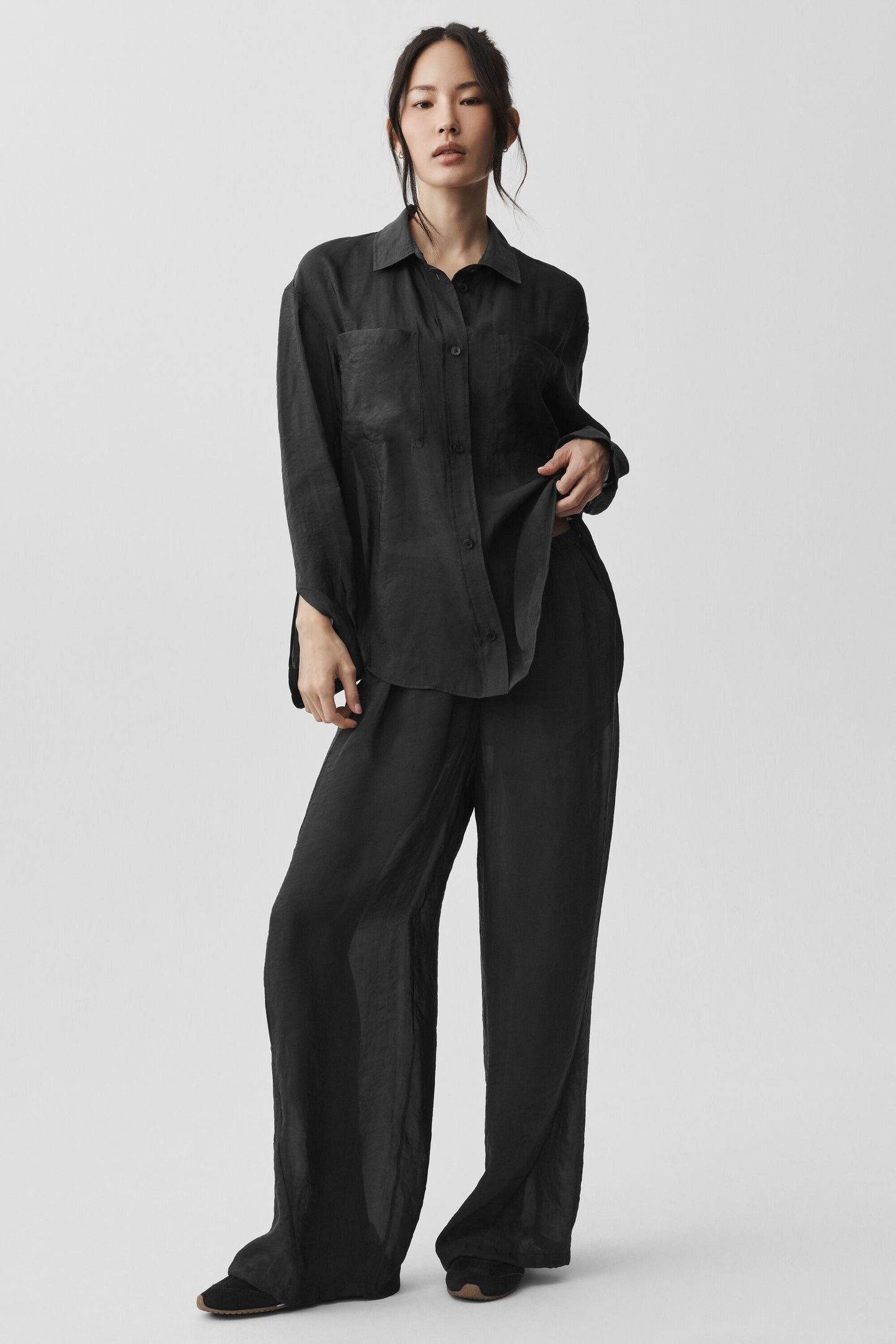 Semi-Sheer Golden Hour Button Down Long Sleeve - Black (W31055R)
