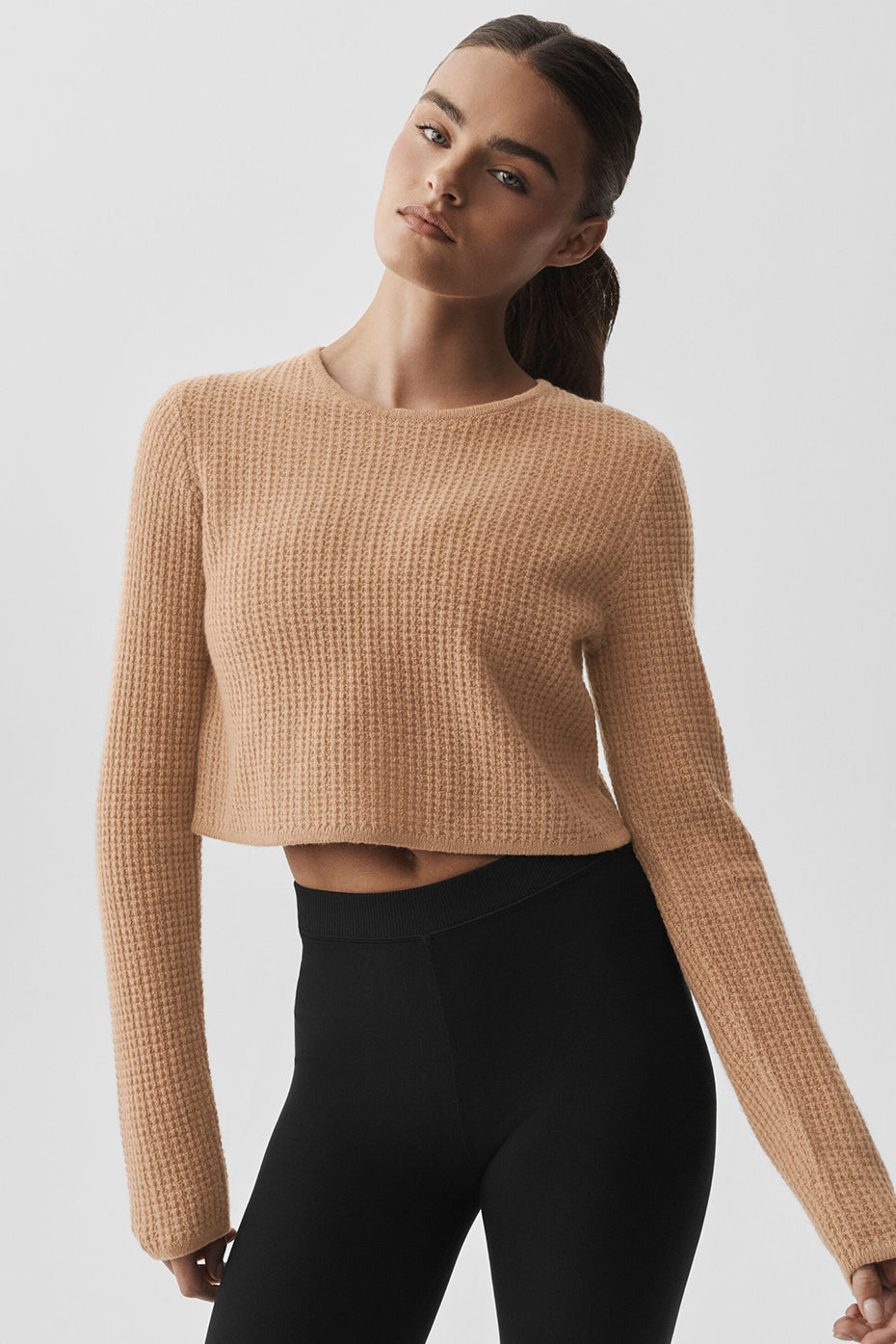 Cashmere Plush Waffle Cropped Long Sleeve - Toasted Almond (W3742R)