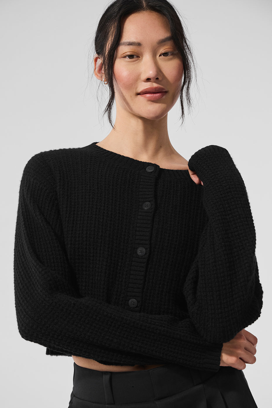 Cashmere Plush Waffle Cardigan - Black (W3886R)