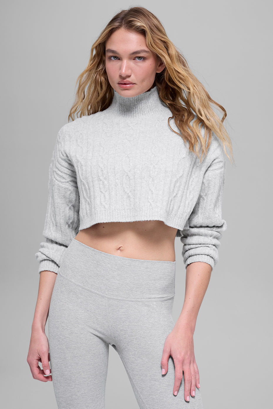 Cable Knit Cropped Winter Bliss Turtleneck Long Sleeve - Athletic Heather Grey (W3910R)