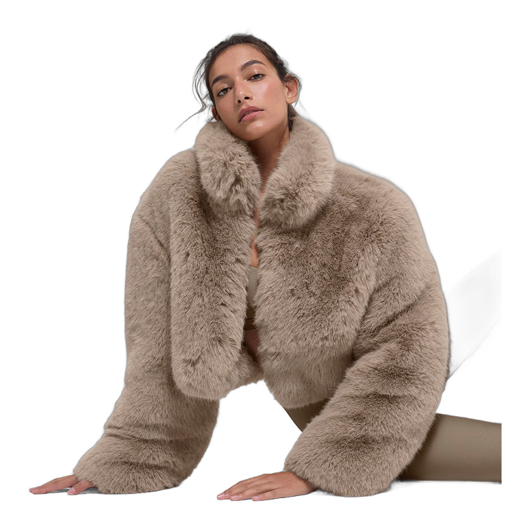 alo Opulent Faux Fur Cropped Jacket - Oat by Alo Yoga