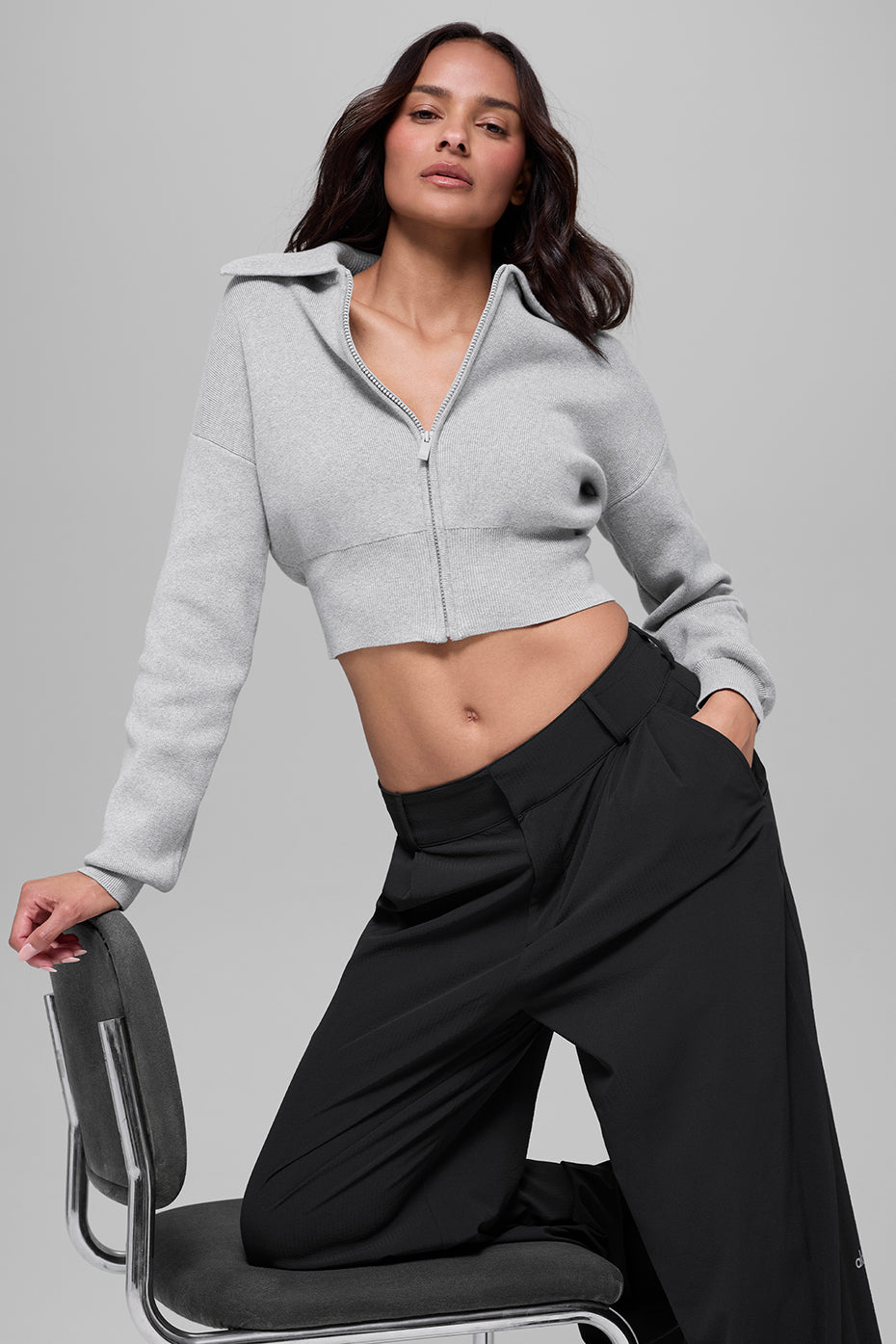 Scholar Knit Cropped Full Zip Jacket - Athletic Heather Grey (W4601R)