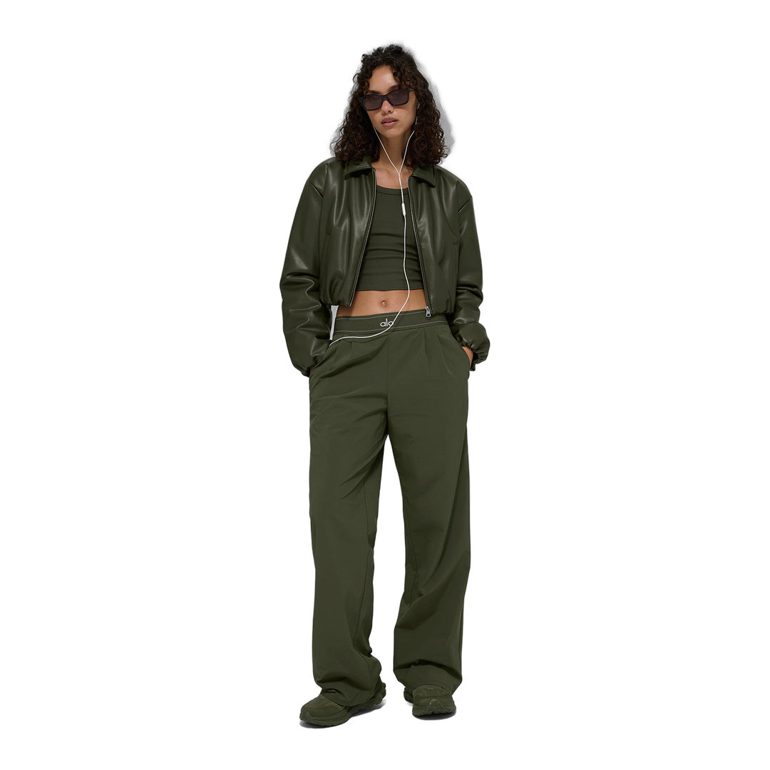 alo Faux Leather Cropped Premier Bomber - Green Olive by Alo Yoga