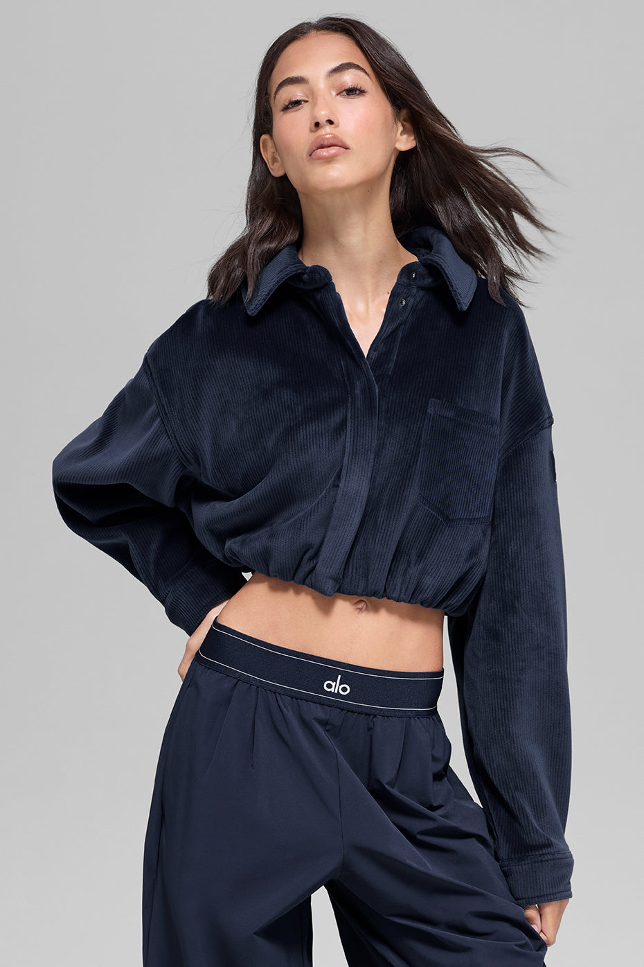 Ribbed Velour Cropped Mountain Side Jacket - Navy (W4735R)