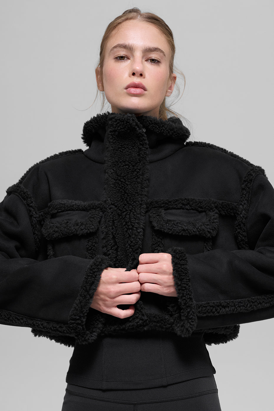 Faux Shearling Snowfall Cropped Jacket - Black (W4800R)