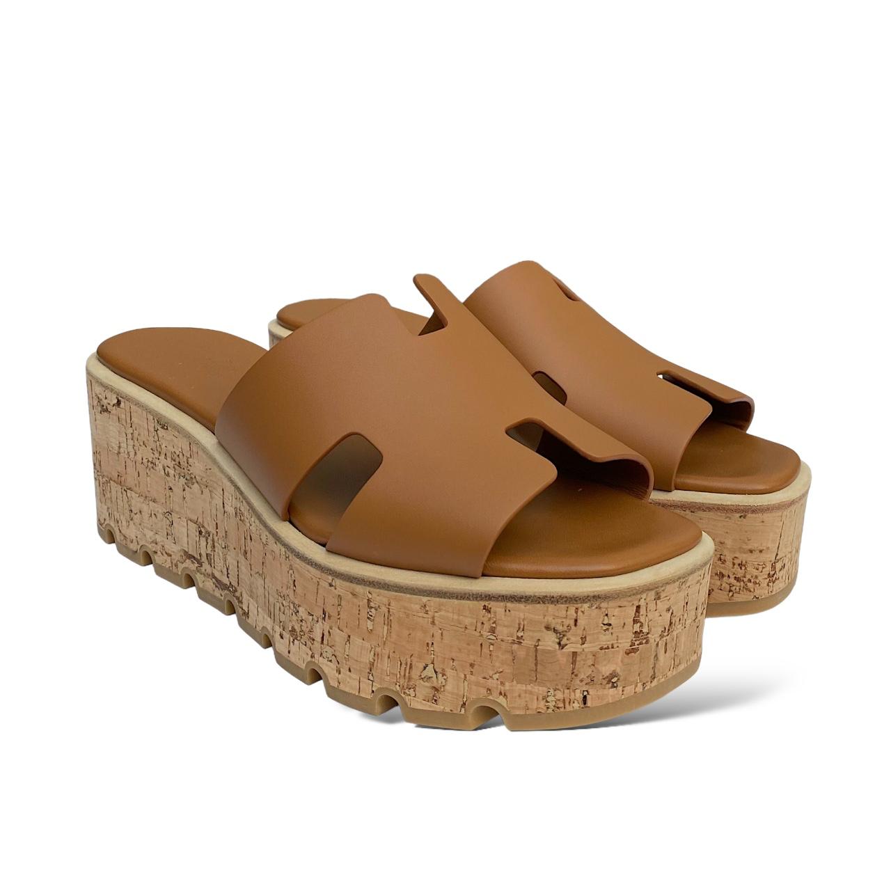 Hermès Eze Wedge Sandals — Gold Calfskin