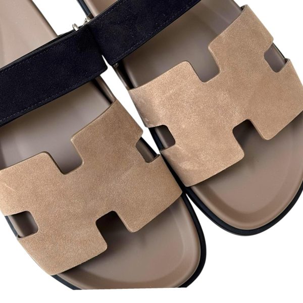 Hermès Chypre Sandals – Etoupe & Black Suede Goatskin Edition