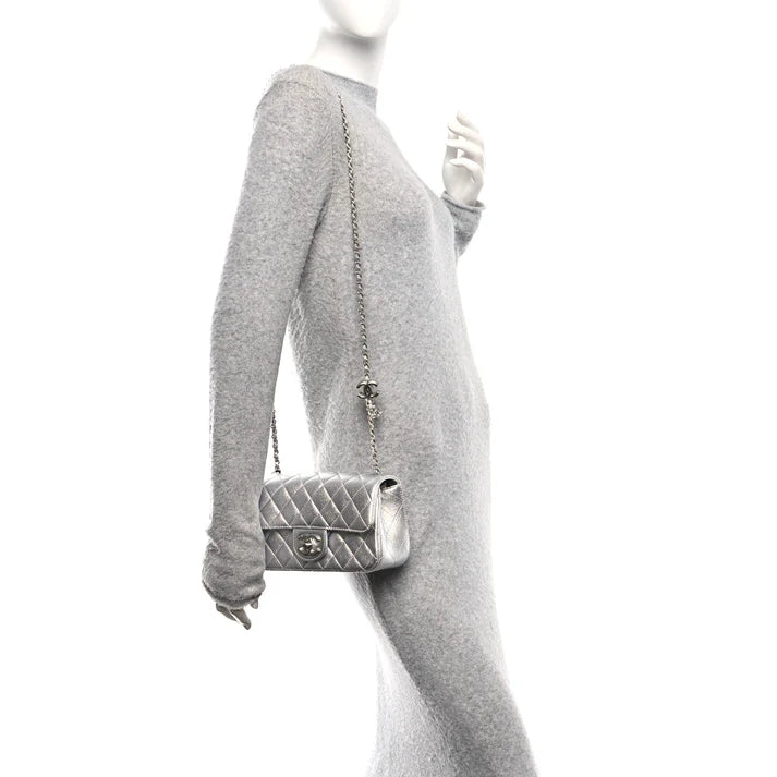 Chanel Metallic Caviar Quilted Mini Rectangular CC Slide Flap – Silver