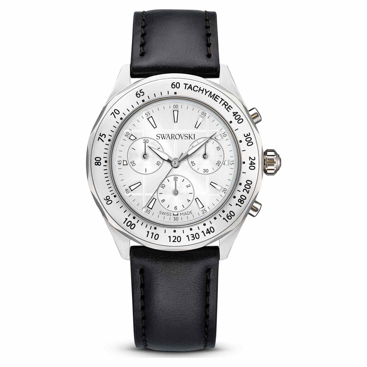 Dextera tachymetre watch, Swiss Made, Leather strap, Silver tone, Stainless steel