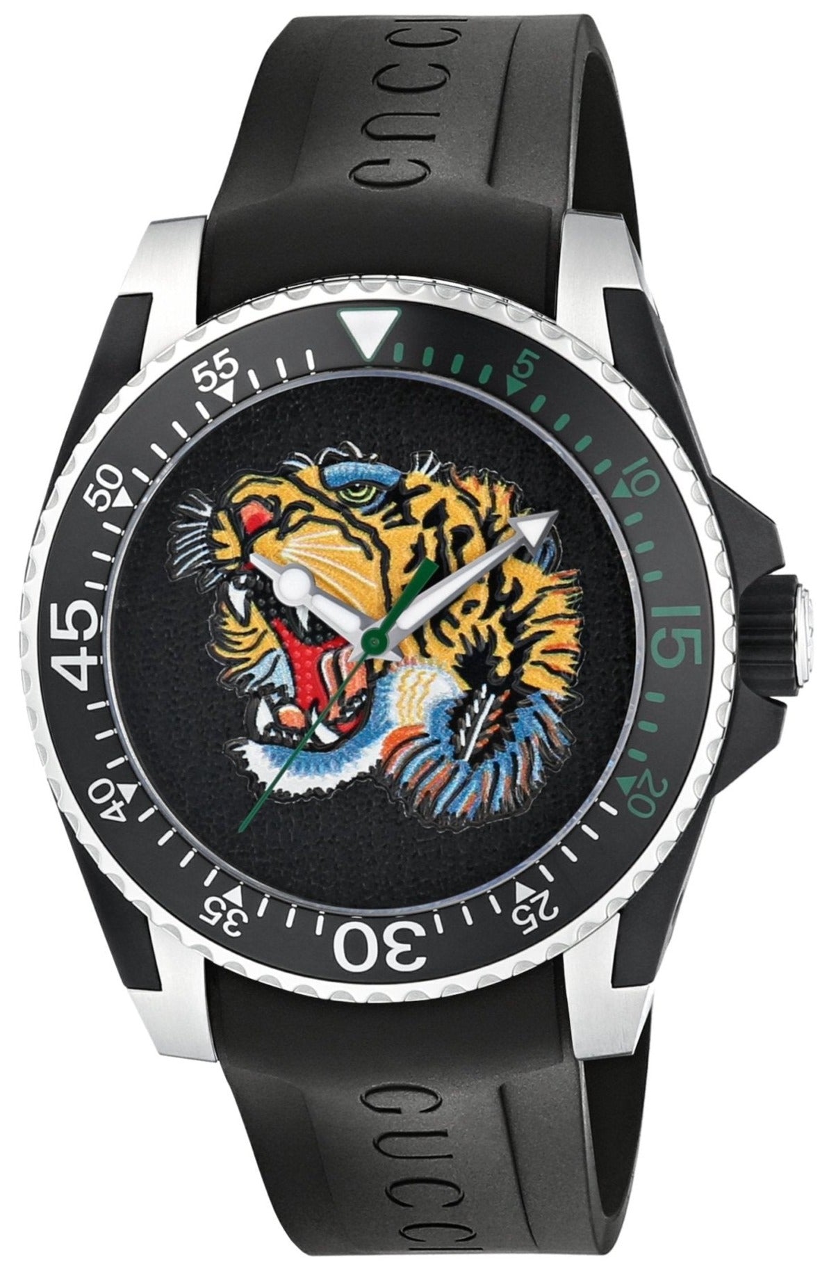 Gucci Dive YA136318 black tiger-dial watch with black rubber strap