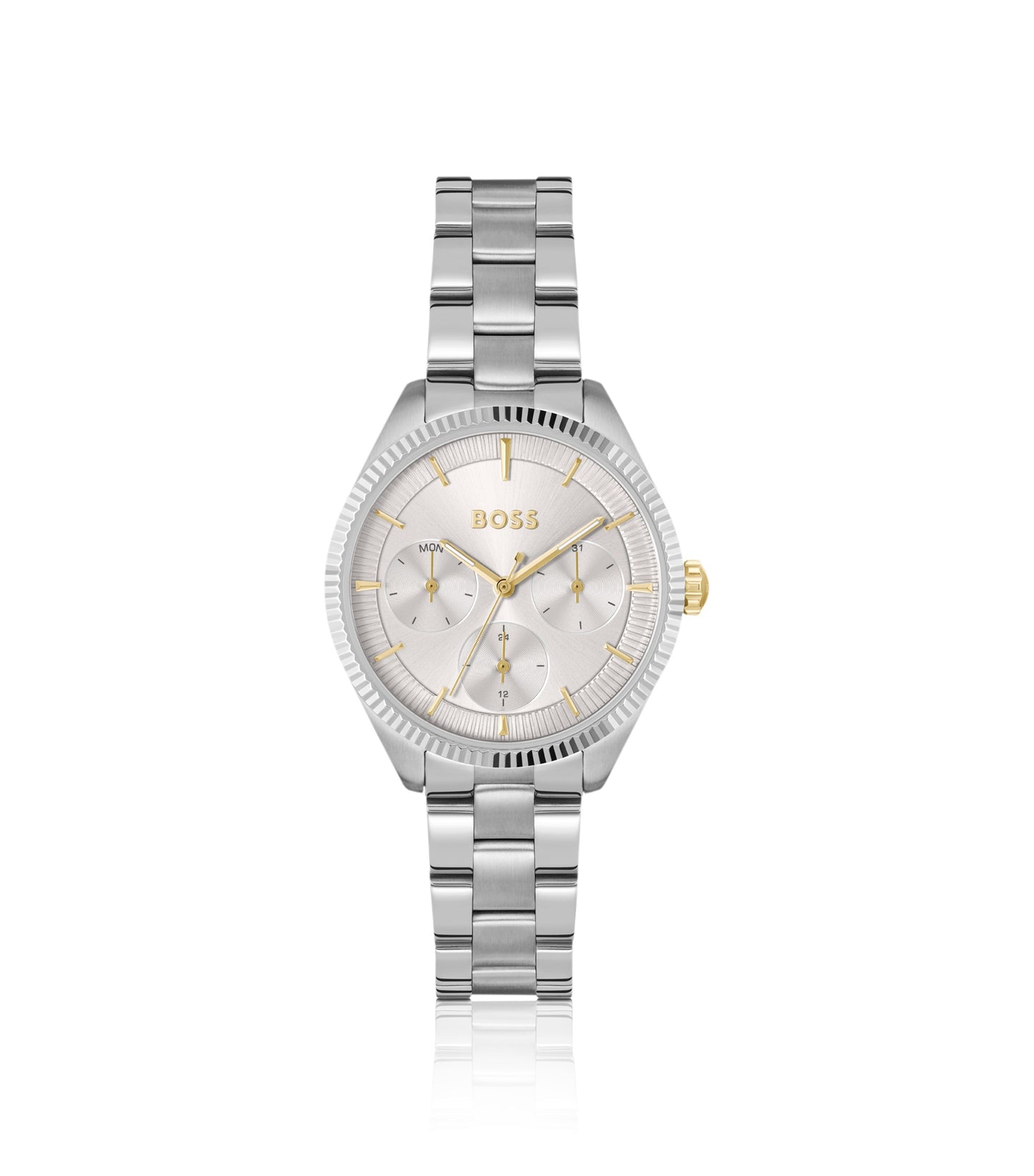 Silver-tone watch with fluted bezel