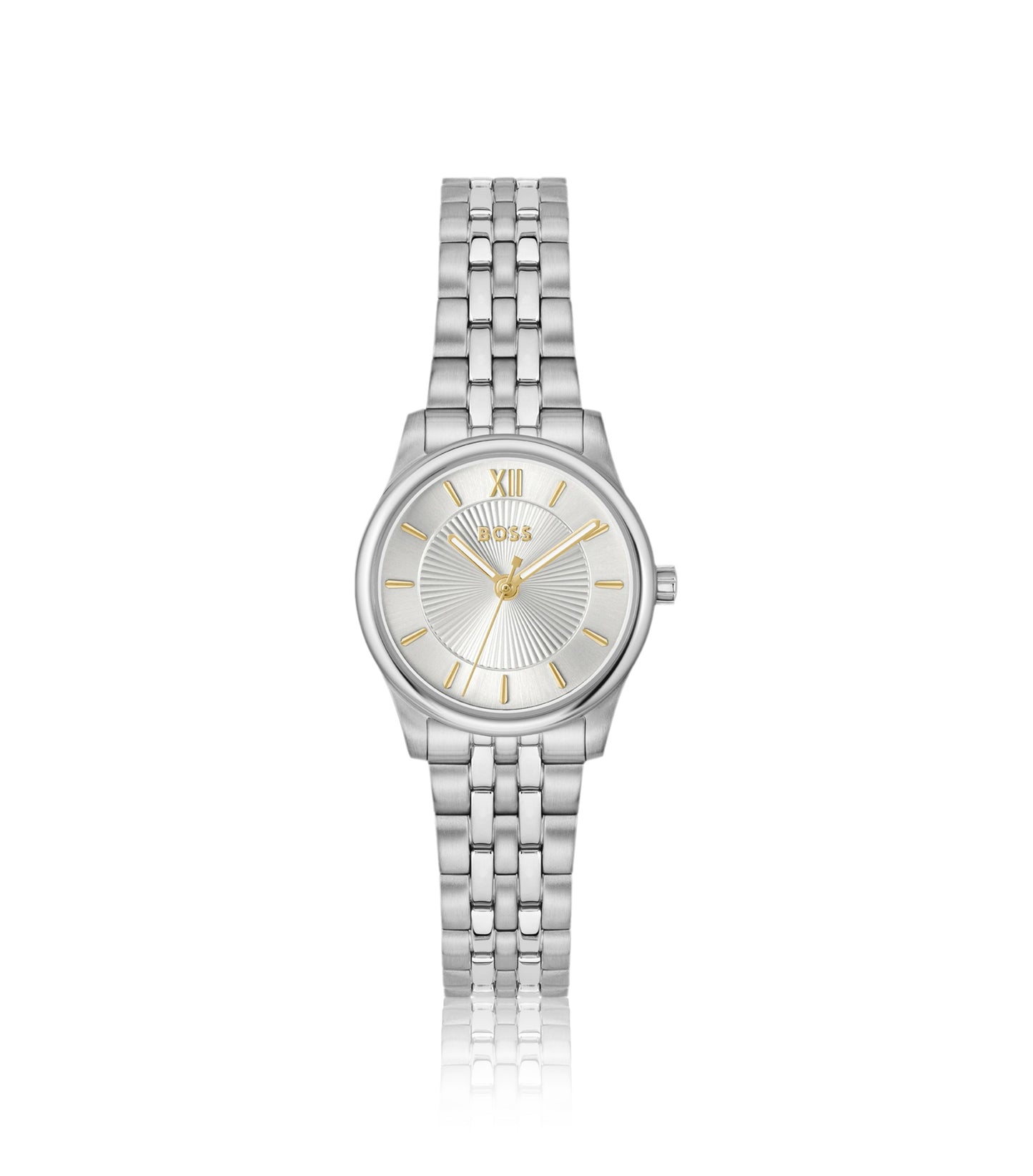 Graceful silver-tone watch with sunburst-patterned dial
