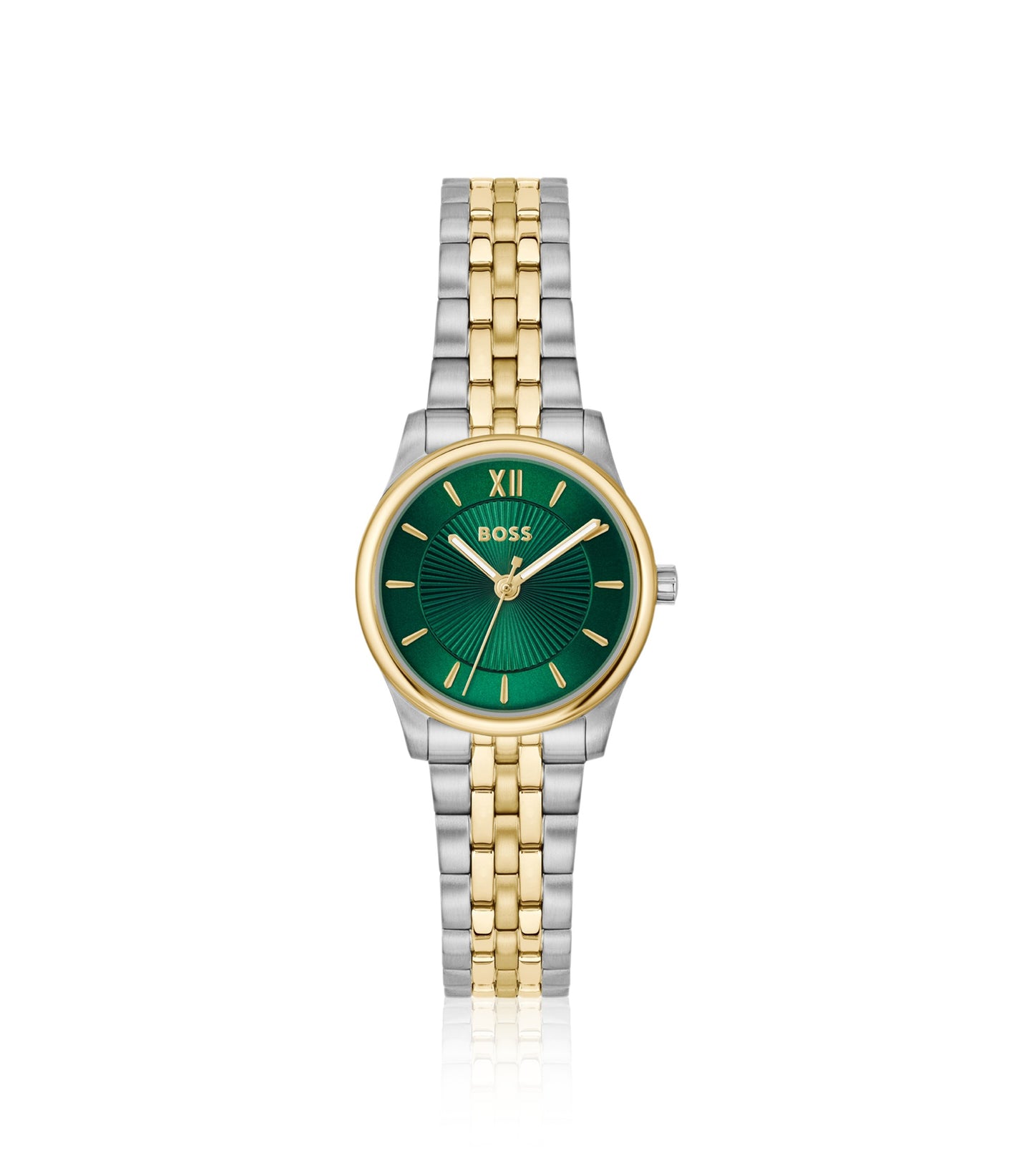 Graceful two-tone watch with sunburst-patterned dial
