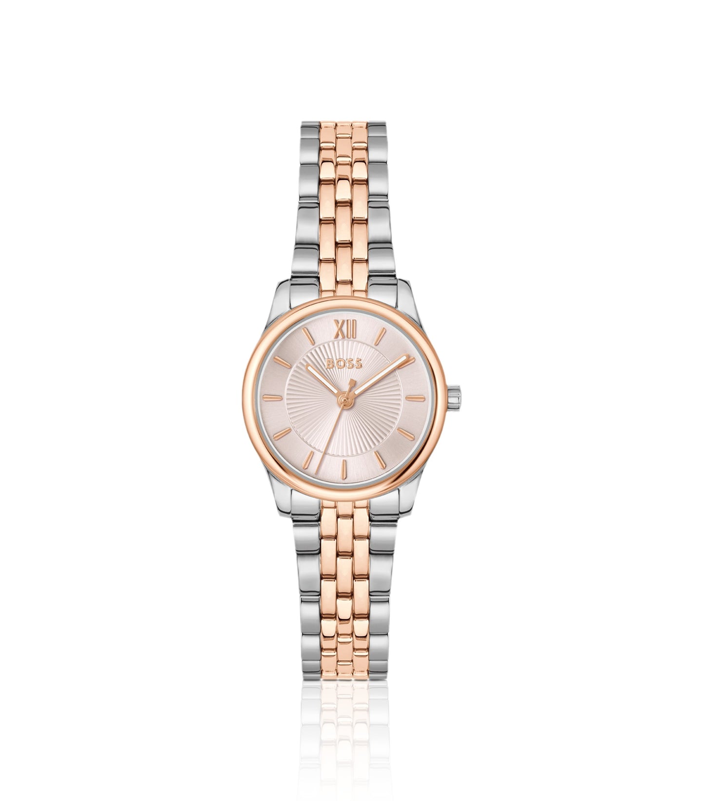 Graceful two-tone watch with pink sunburst-patterned dial