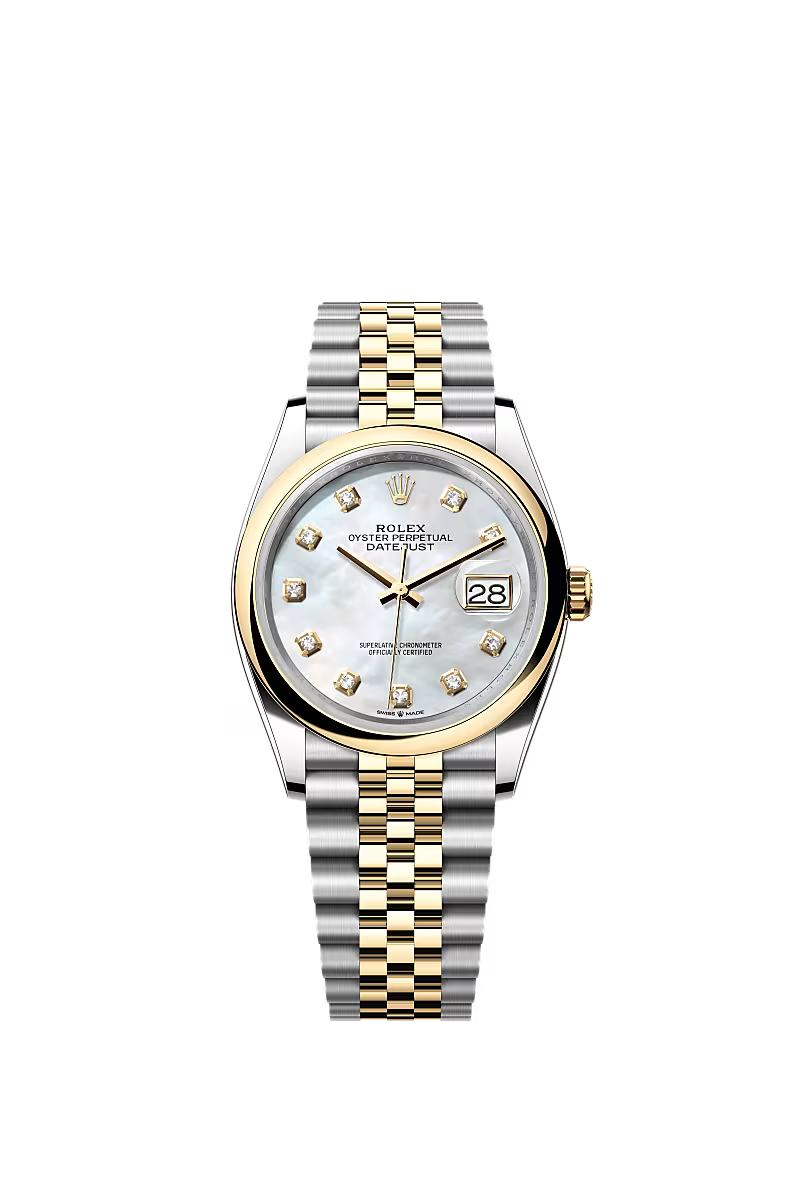 Men’s Rolex Datejust 36 Ref. 126203 – Yellow Rolesor, White Mother-of-Pearl Diamond Dial, Jubilee Bracelet