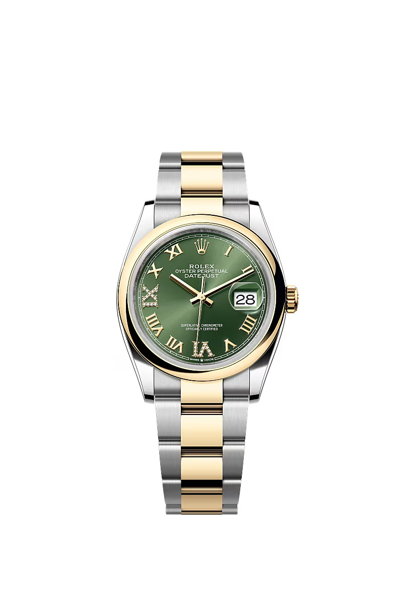 Men’s Rolex Datejust 36 Ref. 126203 – Yellow Rolesor, Olive Green Diamond Dial (Roman VI & IX), Oyster Bracelet