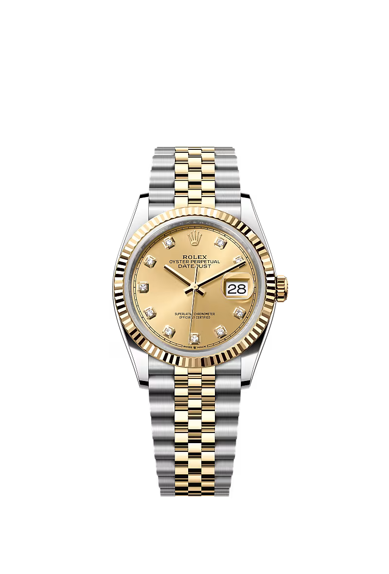 Women’s Rolex Datejust 36 Ref. 126233 – Yellow Rolesor, Fluted Bezel, Champagne Dial with Diamonds, Jubilee Bracelet