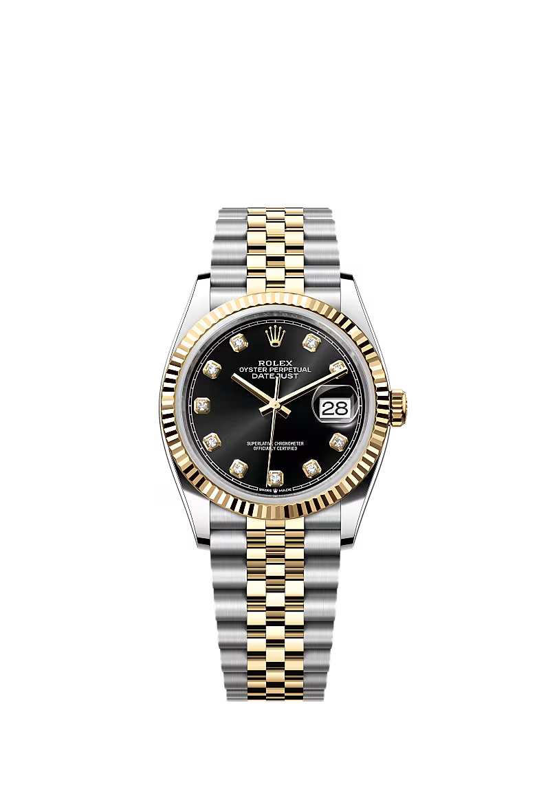 Women’s Rolex Datejust 36 Ref. 126233 – Yellow Rolesor, Fluted Bezel, Bright Black Dial with Diamonds, Jubilee Bracelet