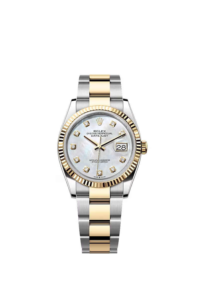 Men’s Rolex Datejust 36 Ref. 126233 – Yellow Rolesor, White Mother-of-Pearl Diamond Dial, Oyster Bracelet