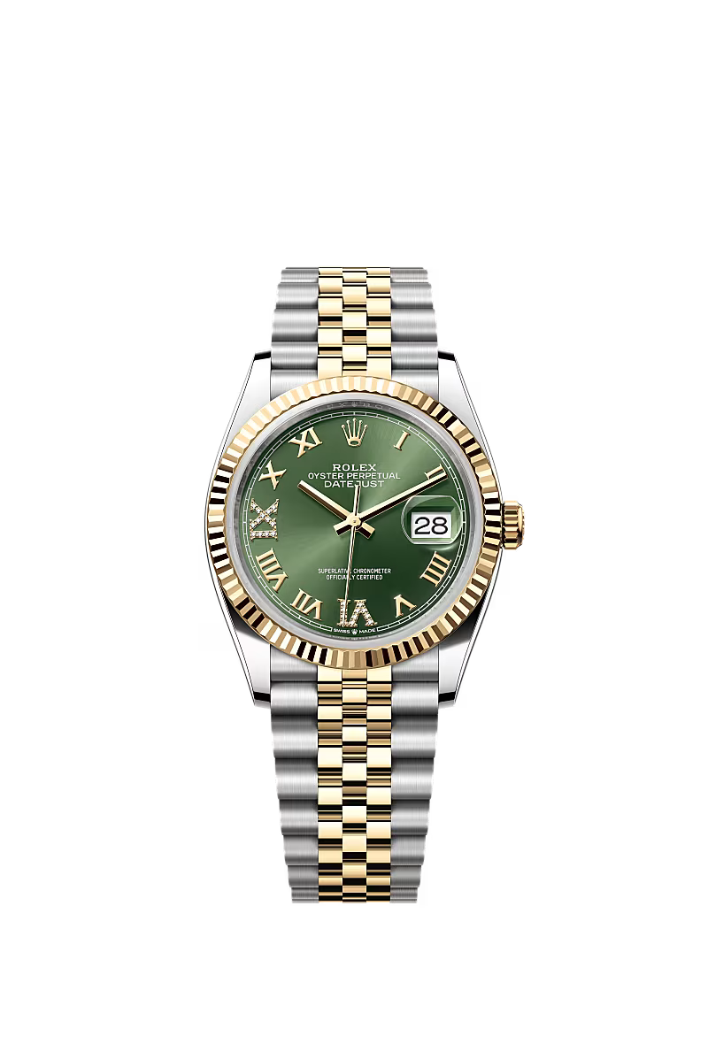 Women’s Rolex Datejust 36 Ref. 126233 – Yellow Rolesor, Fluted Bezel, Olive Green Dial with Diamonds, Jubilee Bracelet